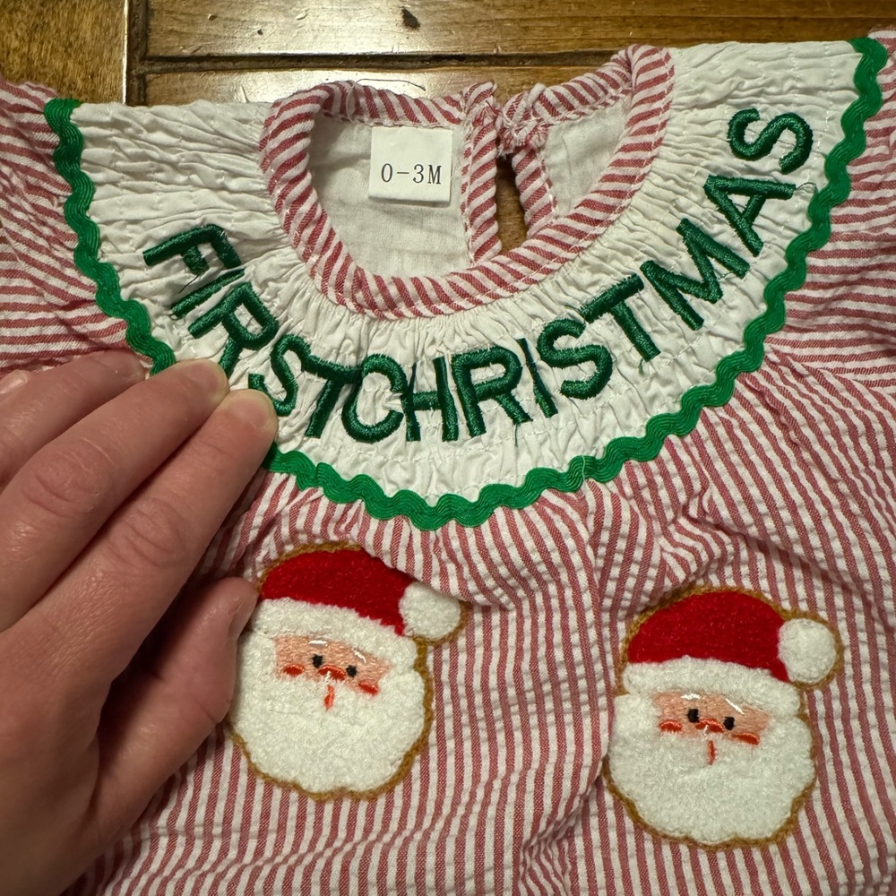 First Christmas Girls Smocked Santa Bubble Romper - Picture 4 of 7